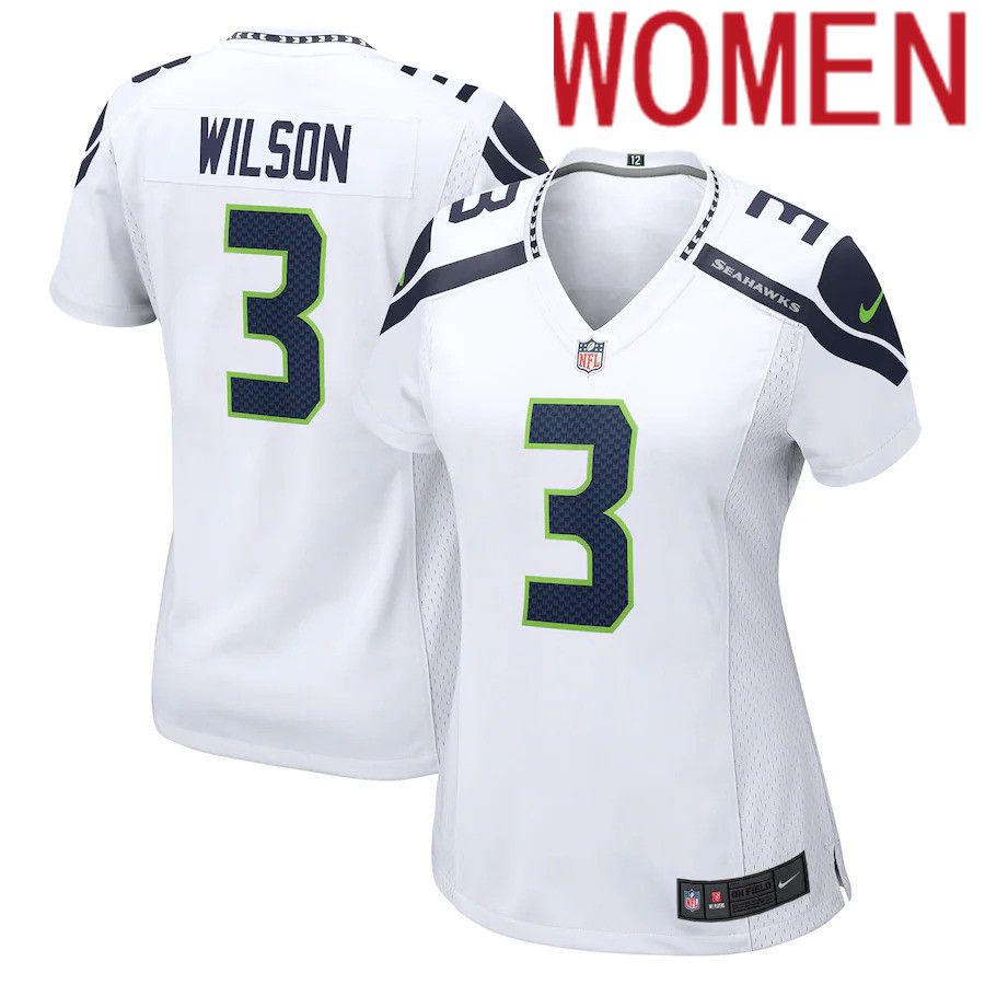 Women Seattle Seahawks #3 Russell Wilson Nike White Away Game NFL Jersey